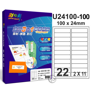 彩之舞 【U24100-100】 A4 3合1 22格(2x11) 標籤紙 100張