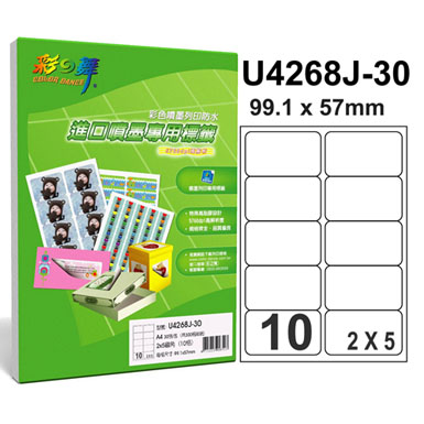 彩之舞【U4268J-30】A4 10格(2x5) 進口噴墨專用標籤紙 30張