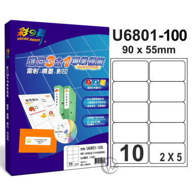 彩之舞 【U6801-100】 A4 3合1 10格(2x5) 標籤紙 100張