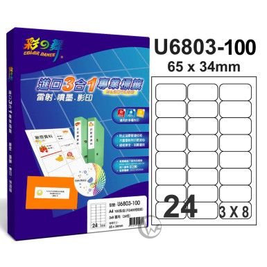 彩之舞 【U6803-100】 A4 3合1 24格(3x8) 標籤紙 100張