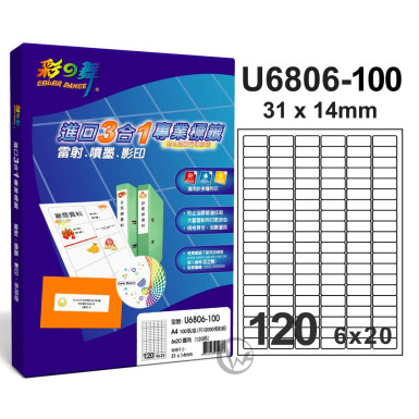 彩之舞 【U6806-100】 A4 3合1 120格(6x20) 標籤紙 100張
