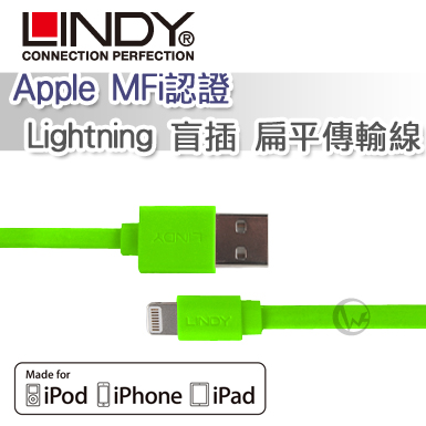 LINDY 林帝 Apple MFi認證 Lightning 盲插 扁平傳輸線 綠色 (31392)
