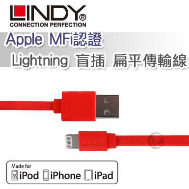 LINDY 林帝 Apple MFi認證 Lightning 盲插 扁平傳輸線 橘色 (31394)