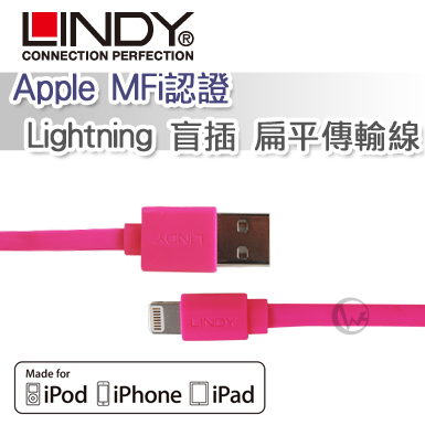 LINDY 林帝 Apple MFi認證 Lightning 盲插 扁平傳輸線 粉色 (31395)