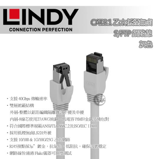 LINDY 林帝 CAT.8.1 乙太 低煙無鹵 網路線 S/FTP 灰色 01