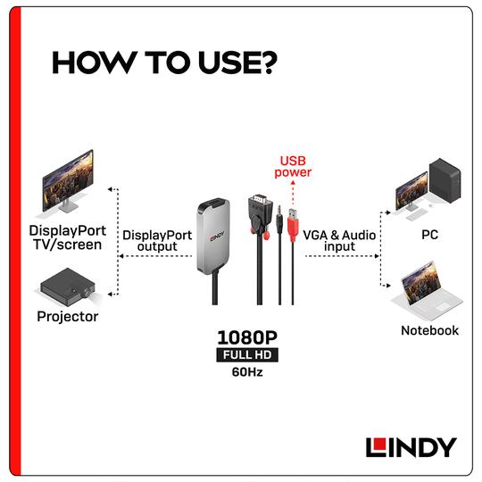 LINDY 林帝 主動式 VGA 公 轉 DisplayPort 母 轉接器 (38296) 02