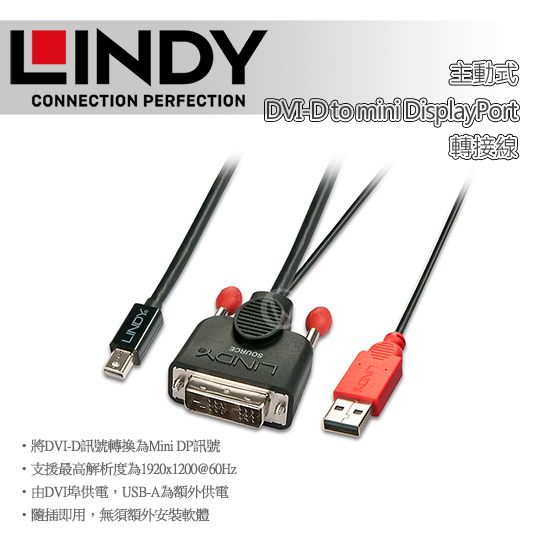 LINDY 林帝 主動式 DVI-D to mini DisplayPort 轉接線 01