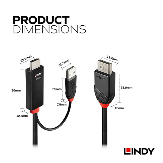 LINDY 林帝 主動式 HDMI 2.0 TO DisplayPort 1.2 4K@60HZ 轉接線 帶USB電源 03