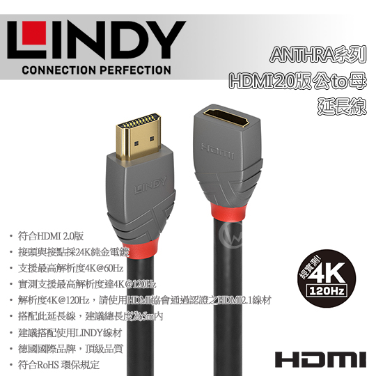 LINDY 林帝 ANTHRA HDMI 2.0 公 to 母 延長線 01
