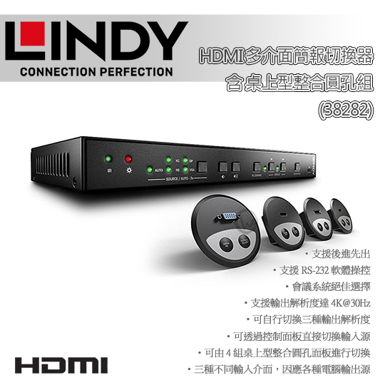 LINDY 林帝 HDMI 多介面 簡報切換器 含 桌上型整合圓孔組 (38282) 01