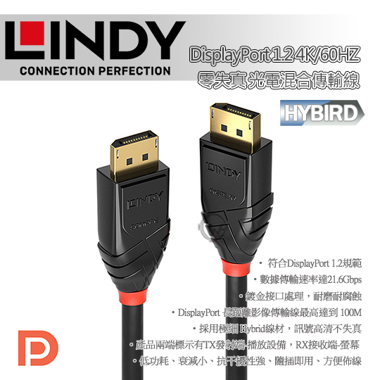 LINDY 林帝 DisplayPort 1.2 4K/60HZ 零失真 光電混合傳輸線 01