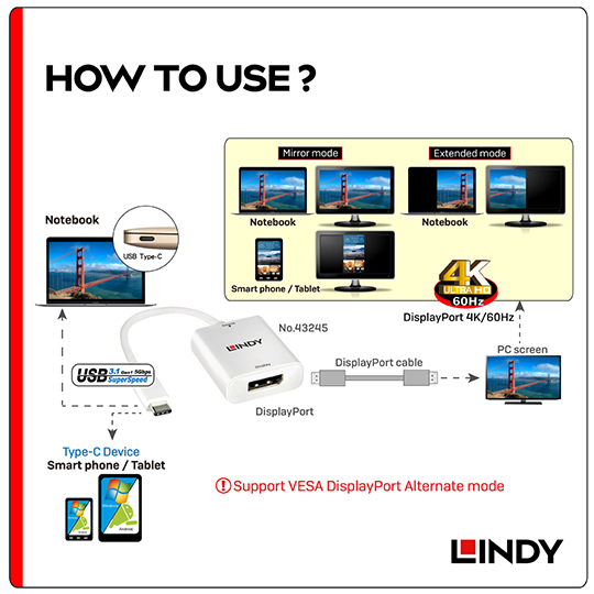 LINDY L Dʦ USB3.1 Type-C to DisplayPort౵ (43245) 03
