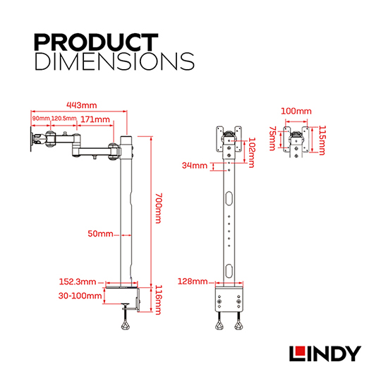 LINDY 林帝 高荷重 液晶螢幕 雙節式單支臂&夾式支架 (40980) 08